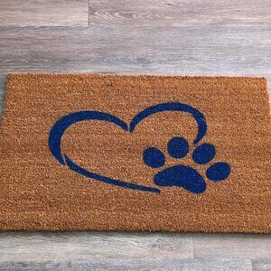 Blue Heart with Dog Paw decorative coir doormat